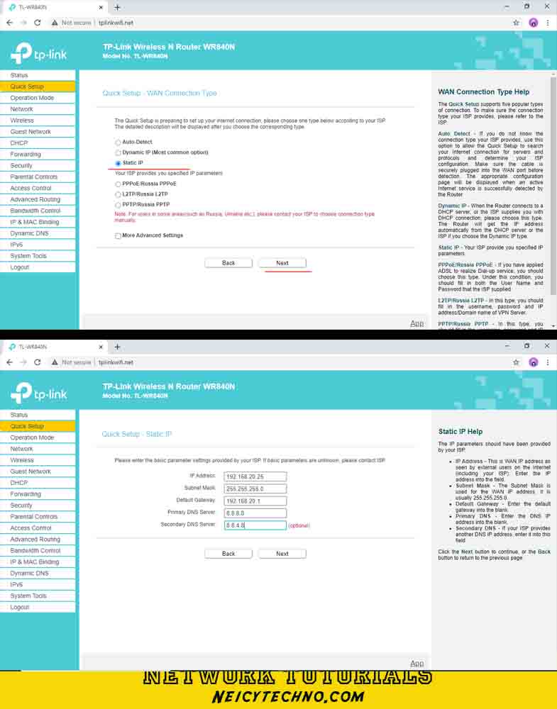 Setting tplink mode router static
