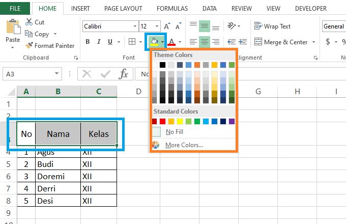 desain tabel dengan fill color