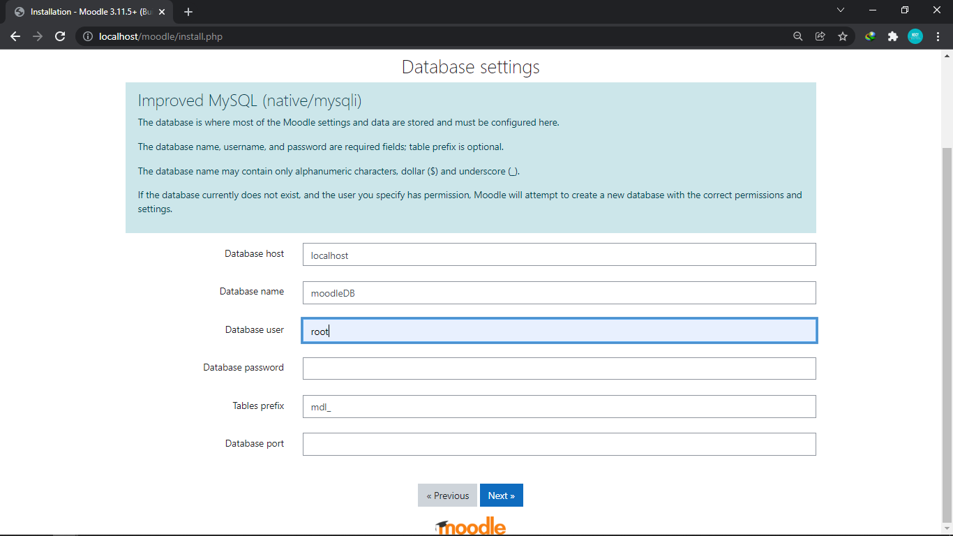 Database Setting Moodle