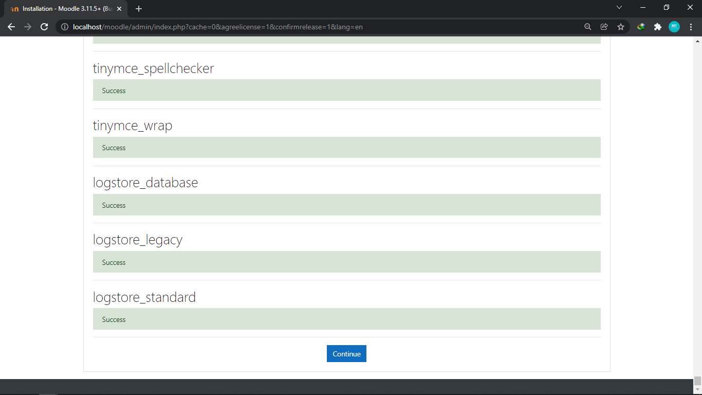 Proses Penginstallan paket moodle selesai
