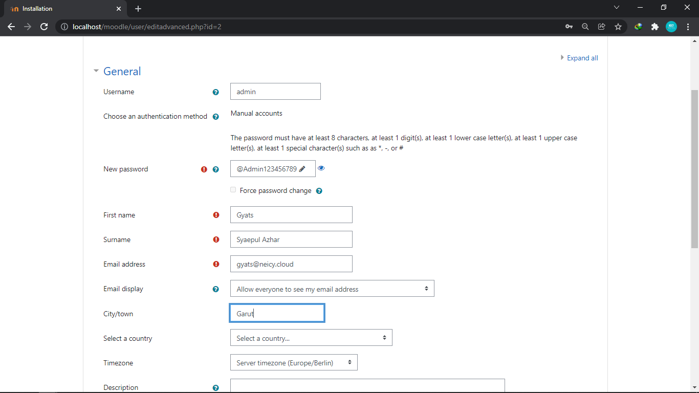 Setting akun administrator Moodle