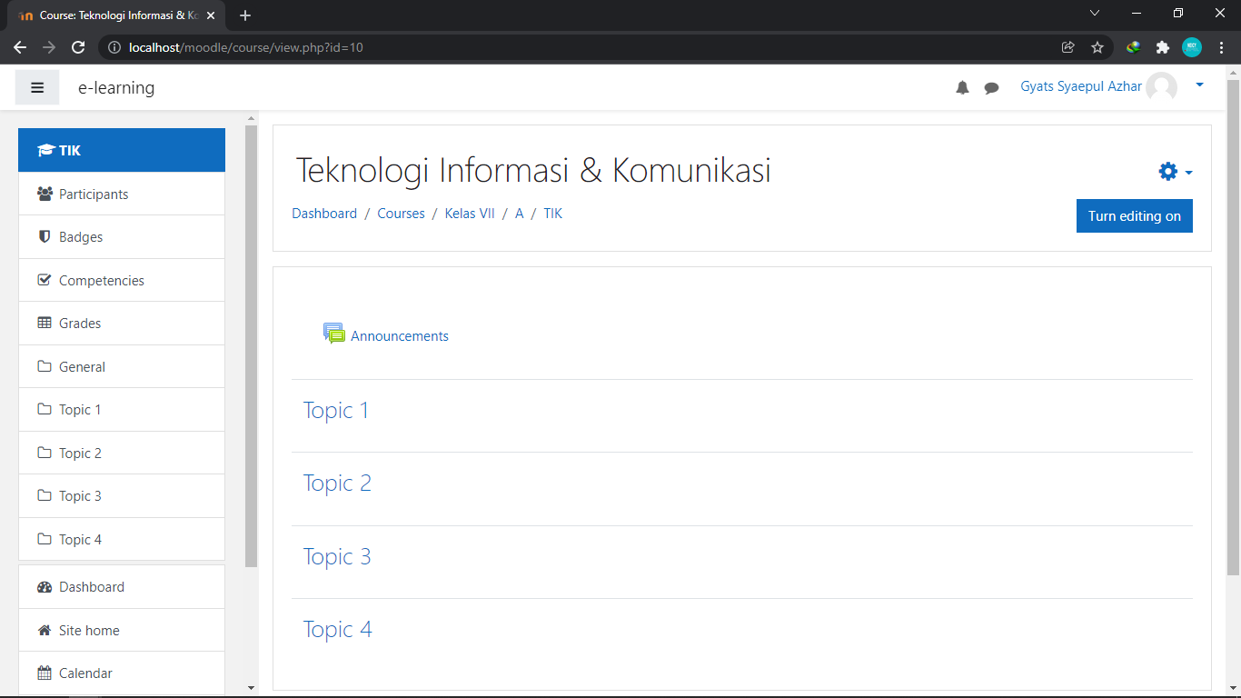 Tampilan awal Kelas Moodle