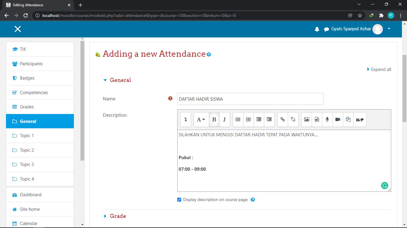 membuat absensi di dalam kelas moodle