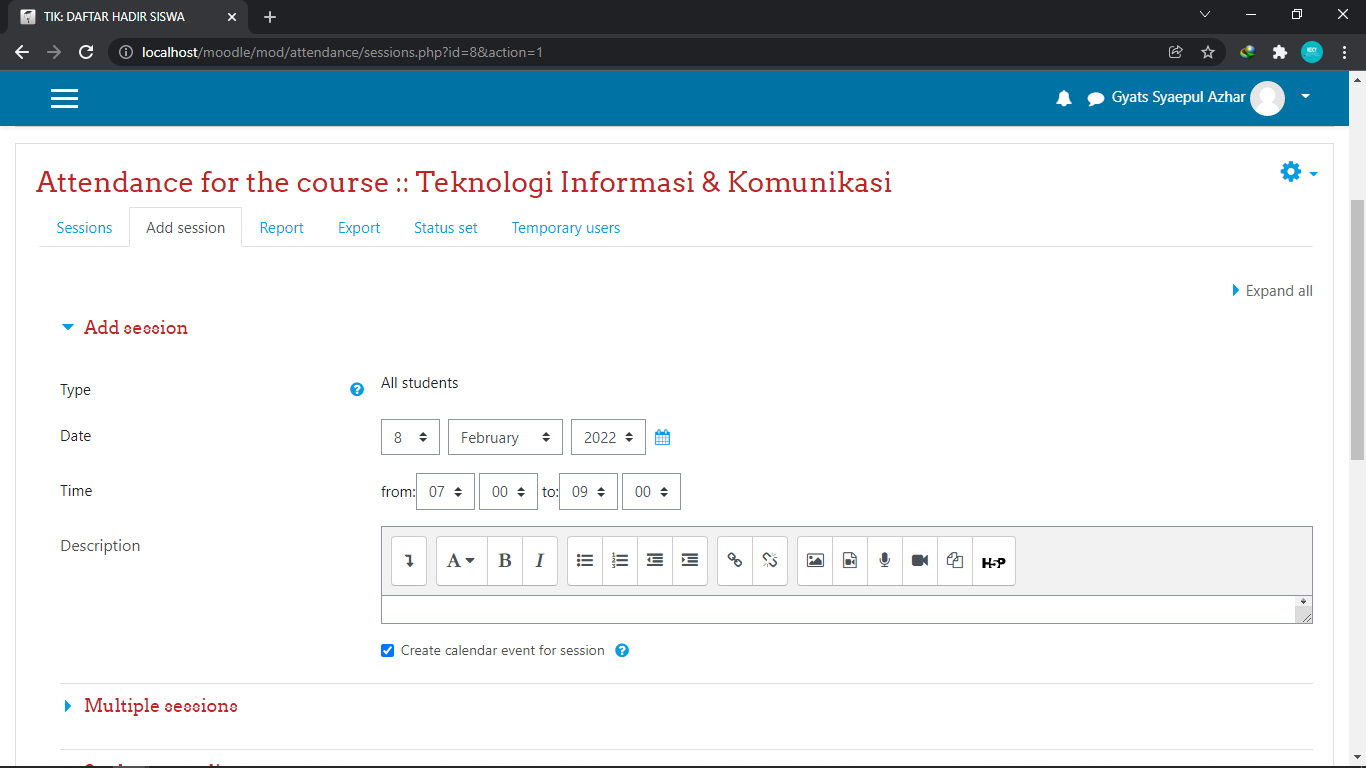 menanbahkan sesi absesnsi moodle