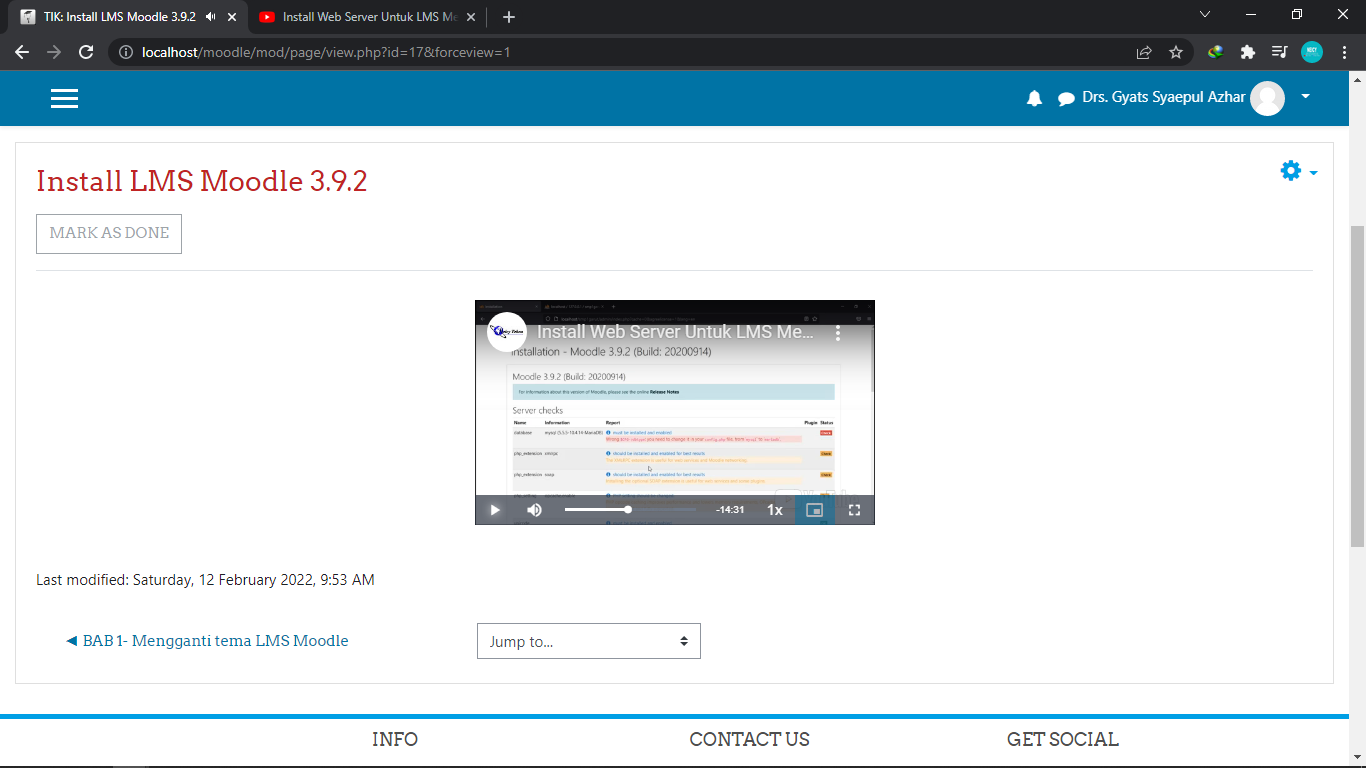 hasil menampilkan video menggunakan fitur Page Moodle