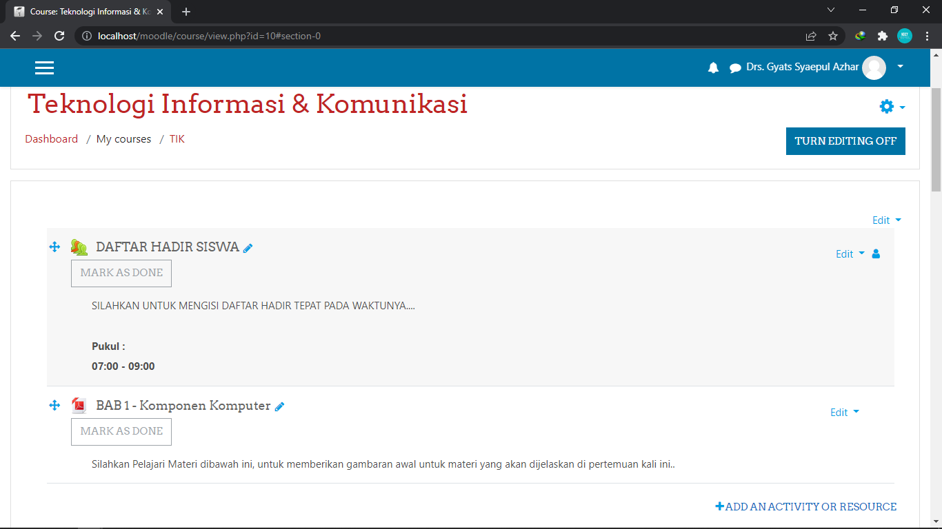 tampilan kelas moodle mode Editing