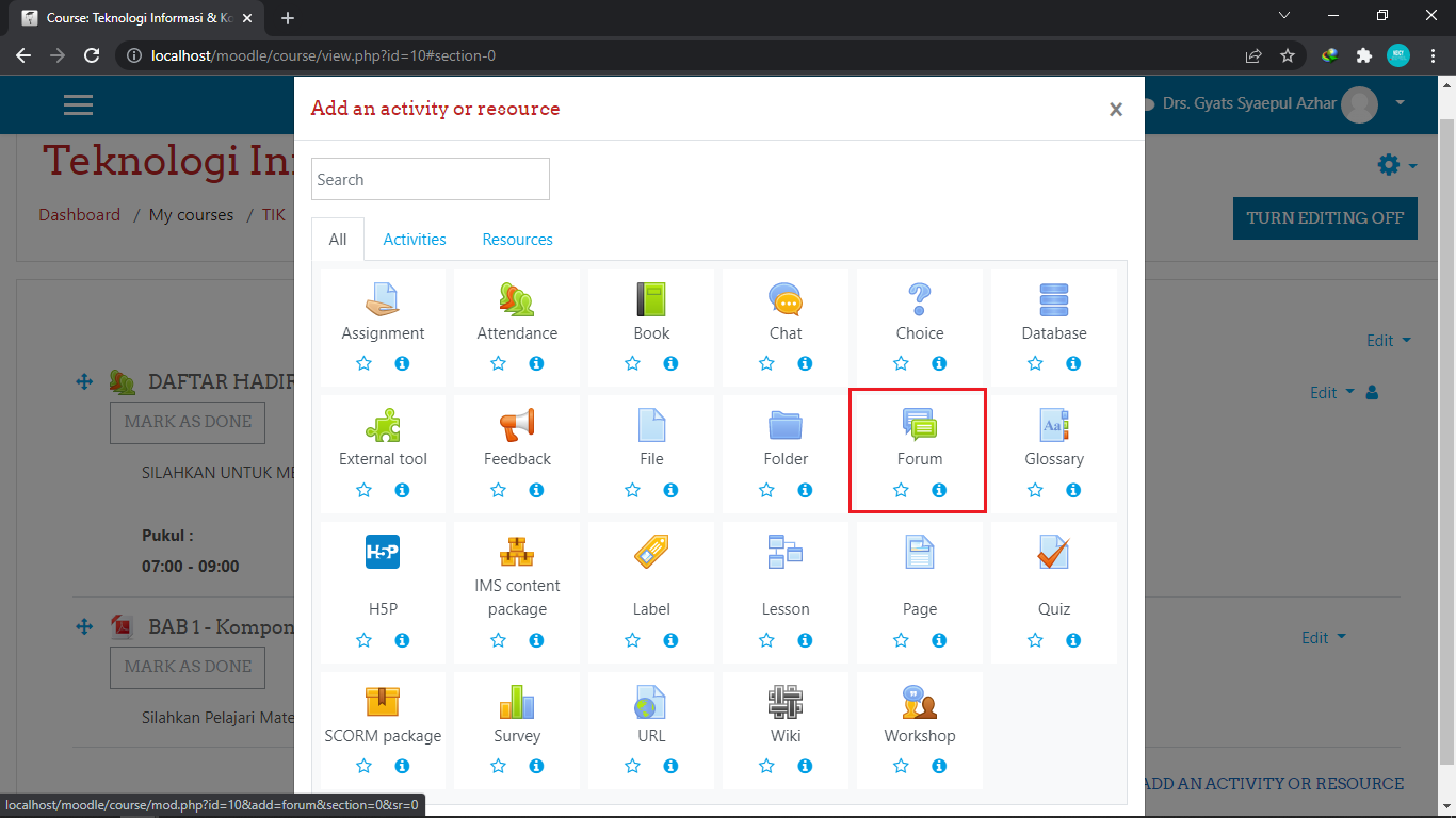 menambahkan forum diskusi moodle