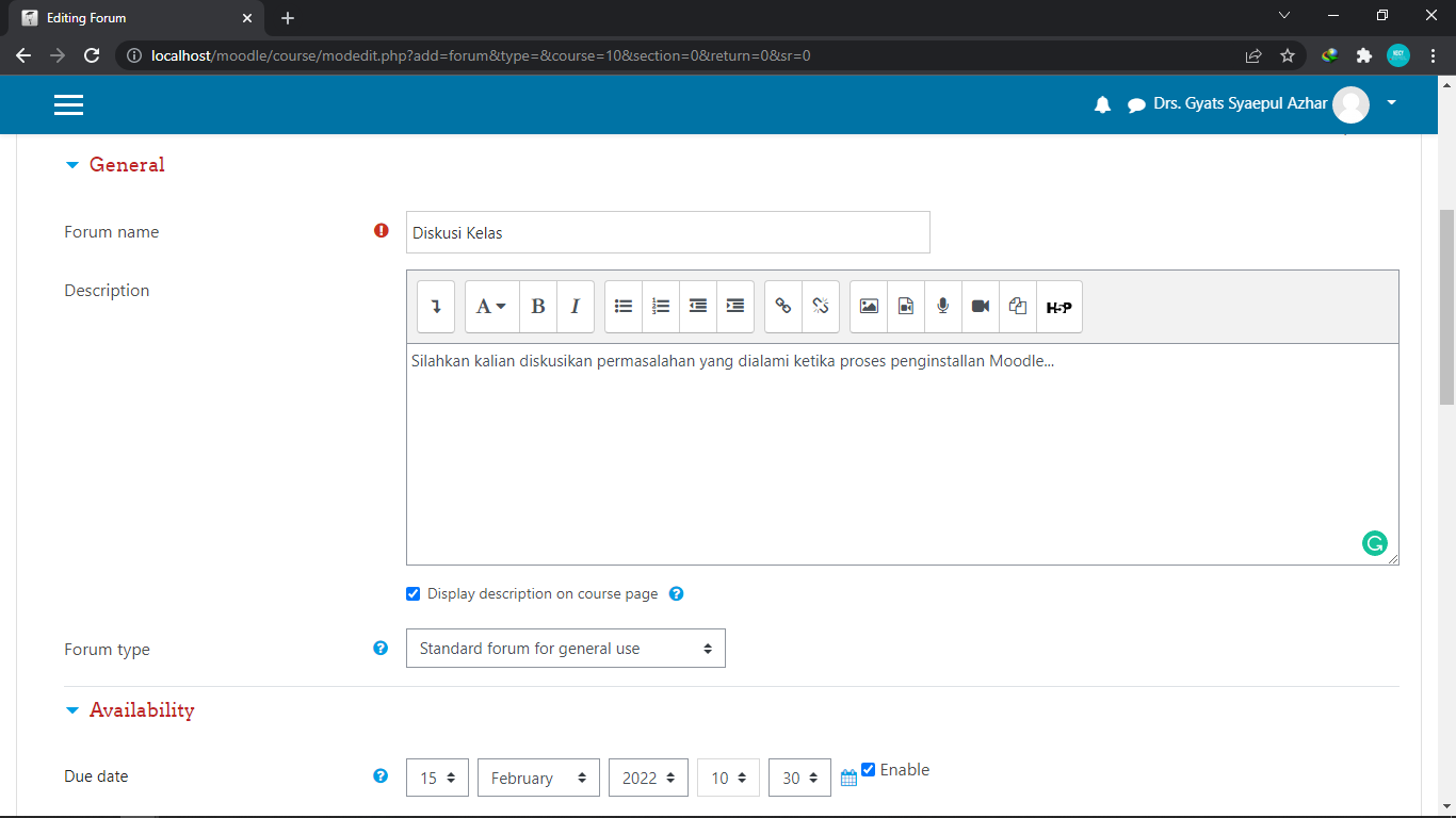 Setting Forum diskusi siswa Moodle