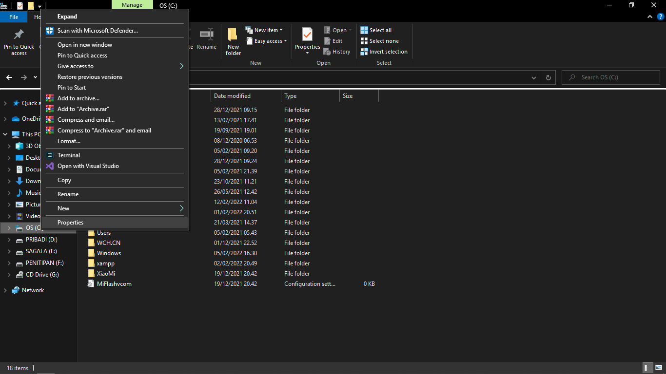 masuk properties di partisi C windows