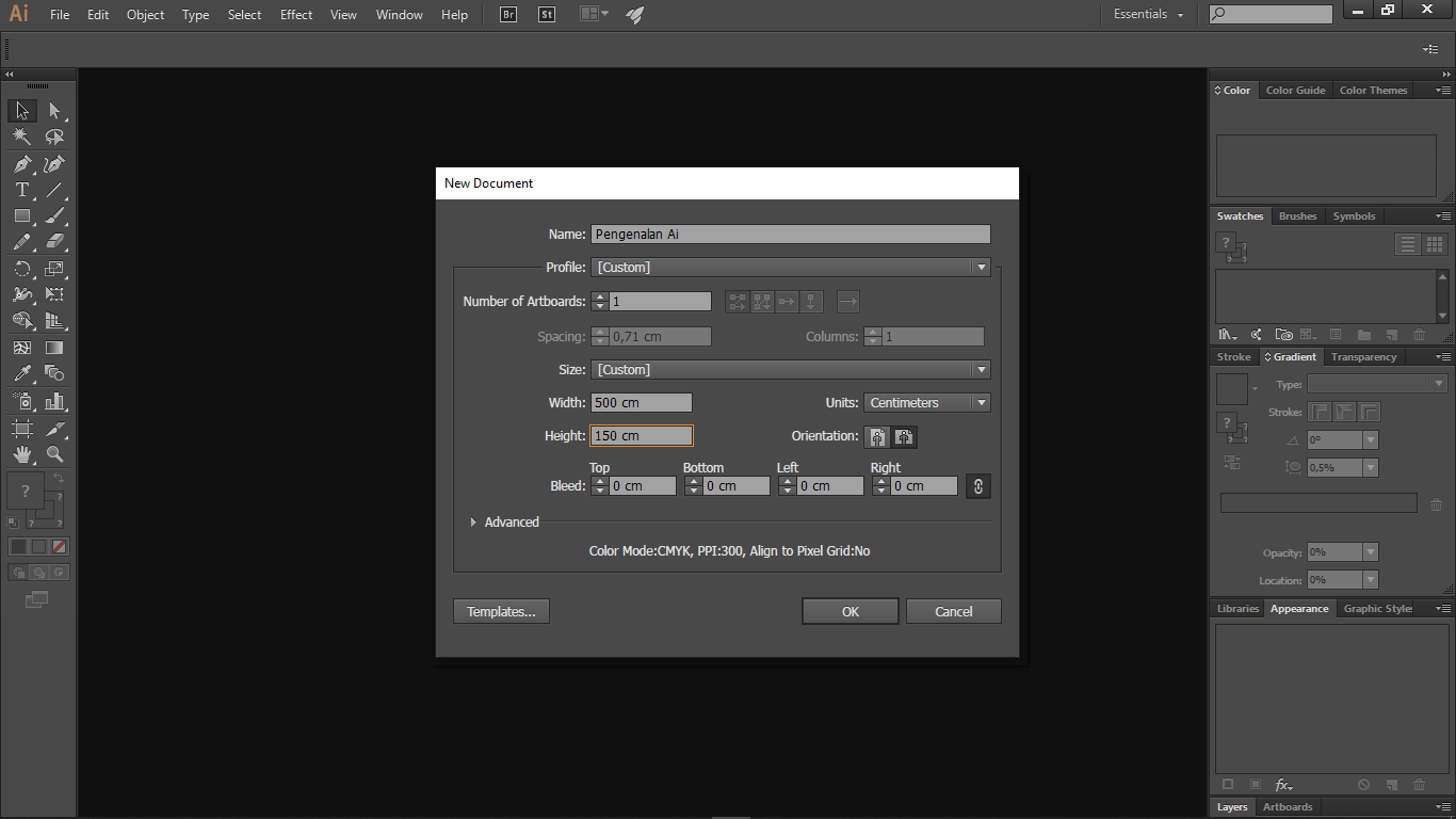 membuat ukuran manual artboard Ai