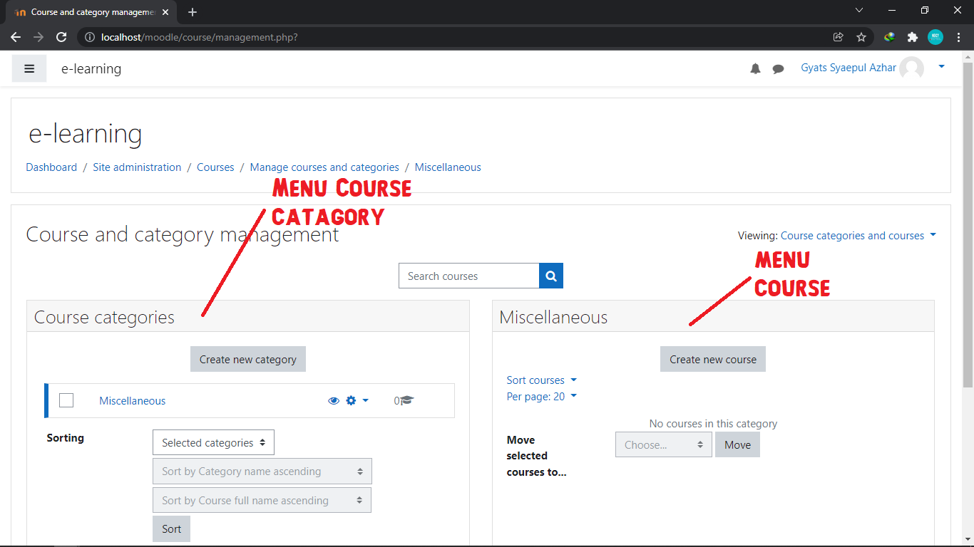 Menu Site administrator – Courses – Manage courses and categories