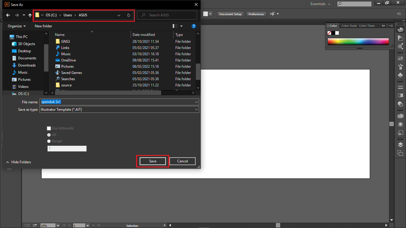simpan template adobe illuslator didirektori komputer