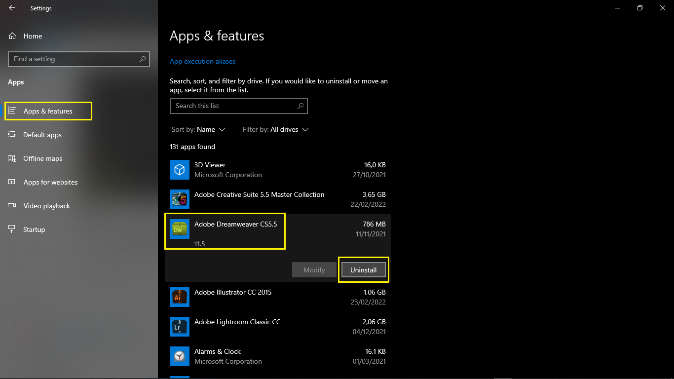 Apps & Features Windows