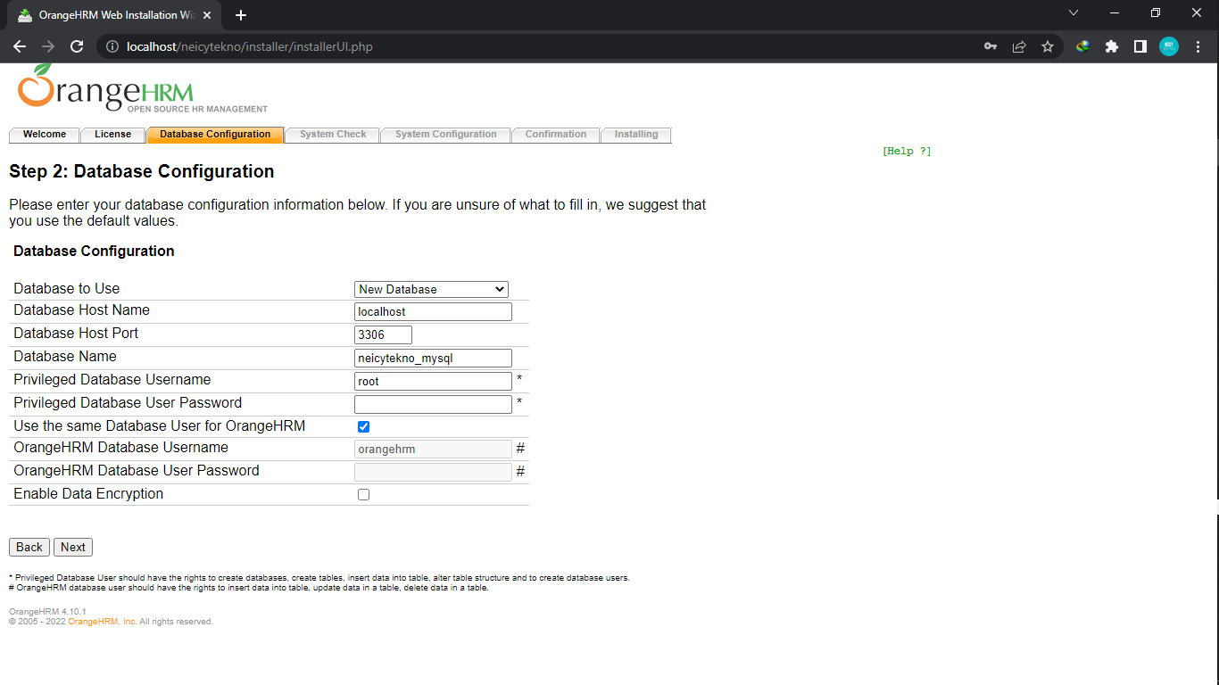 Database Configuration OrangeHRM