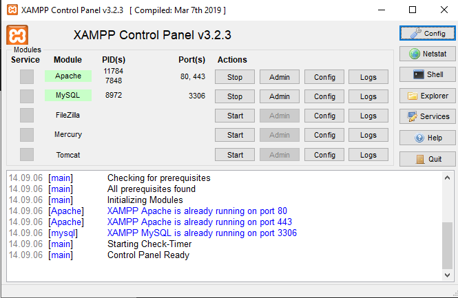 xampp aktifkan modul apache dan mysql
