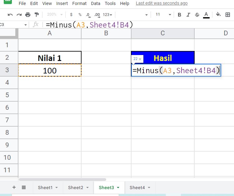Rumus Fungsi Minus di Google Sheet